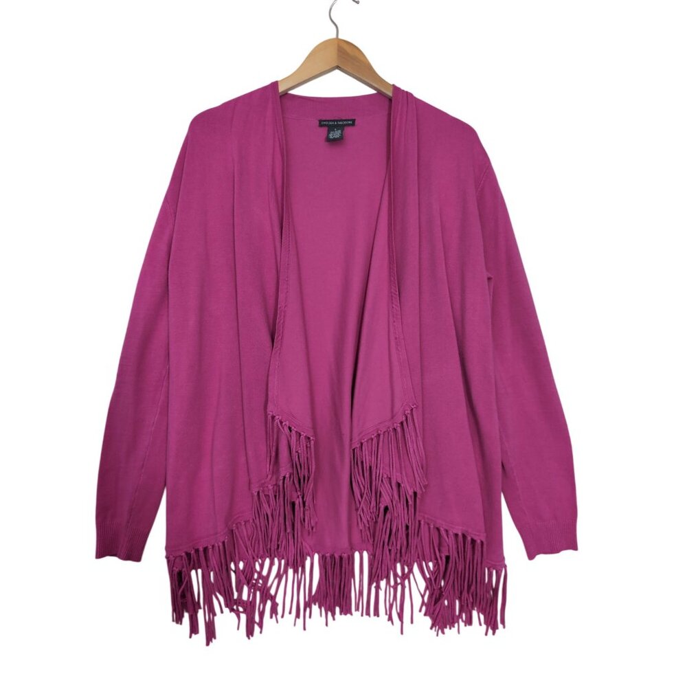 Chelsea & Theodore Cardigan Womens L Pink Fringed Career Casual Chic Open Front